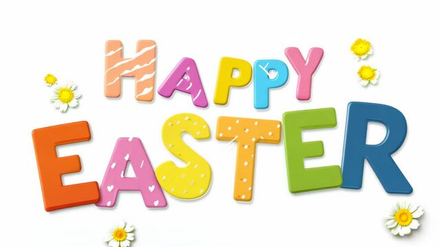 A vibrant digital illustration showcases the text "Happy Easter" in colorful, textured letters against a bright white background, surrounded by playful daisies, embodying festive joy and springtime ch
