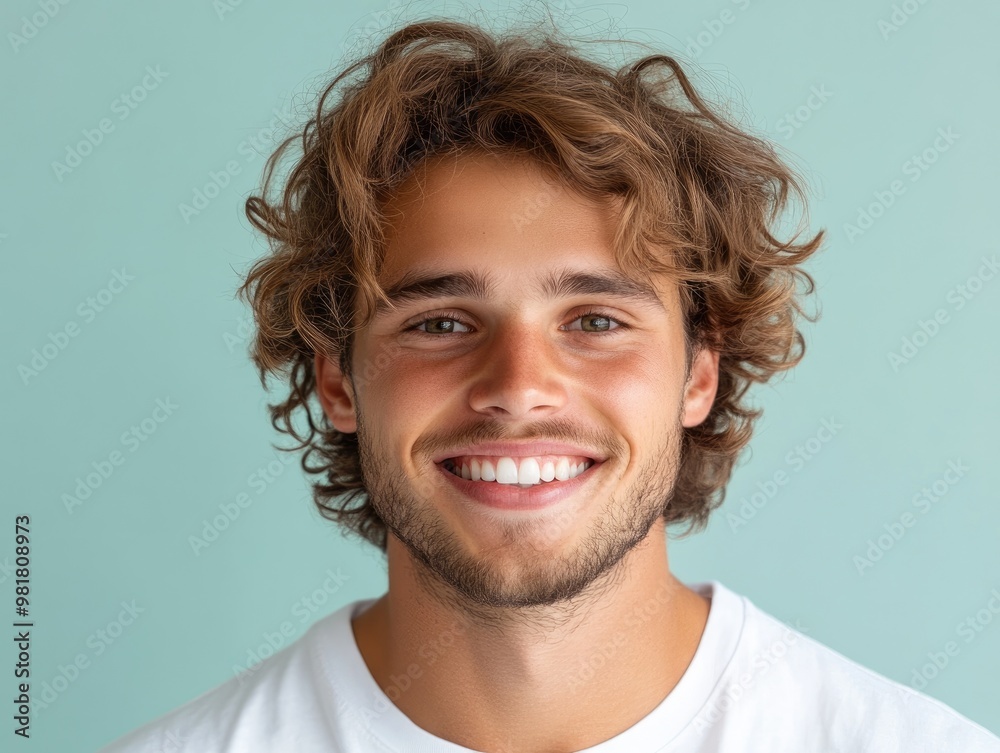 Wall mural a cheerful young man with curly hair smiles warmly against a light teal background, radiating positi