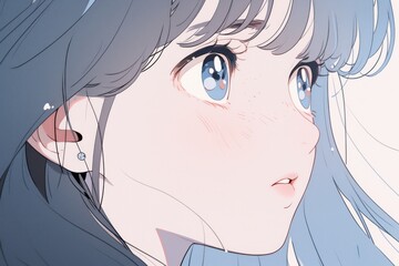 A close-up of an anime girl with long light hair and wide-open eyes, expressing surprise as she looks straight ahead 