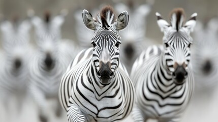 Naklejka premium A dynamic herd of zebras runs towards the camera, showcasing their striking black and white stripes in a blurred background.