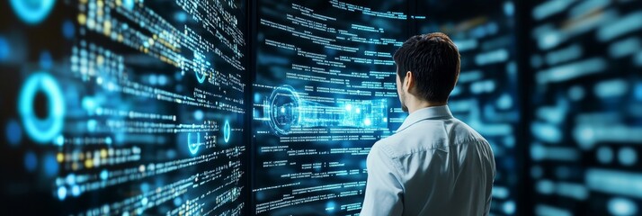 A skilled data center professional examines code displayed on server screens, showcasing the intricate world of data management and cybersecurity.