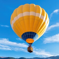 Fototapeta premium A colorful hot air balloon soars against a bright blue sky with scattered clouds, showcasing a vibrant outdoor adventure.