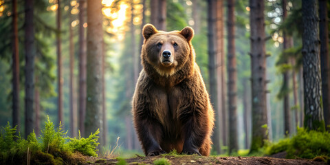 Obraz premium Lumberjack brown bear standing proudly in the forest, lumberjack, brown bear, forest, wildlife, nature, outdoors, trees, standing
