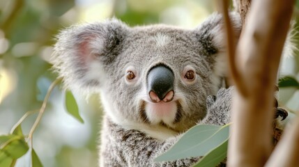 Fototapeta premium A close-up of a koala peering from between branches, showcasing its fuzzy fur and distinctive nose among green leaves.