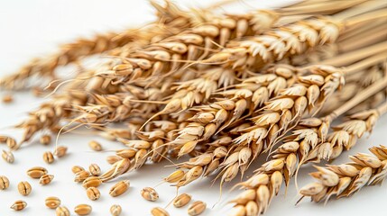 Close-up of Wheat Ears and Grains on a White Background