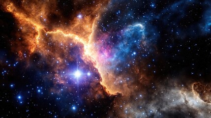 Naklejka premium A stunning cosmic scene showcasing vibrant nebulae and countless stars amid the deep darkness of space.