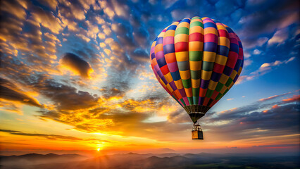 A colorful hot air balloon floating in the sky at sunrise , adventure, travel, ballooning, sky, freedom, journey, air, aerial