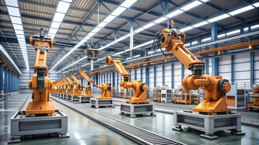 Wall mural automated manufacturing factory with robotic arms , technology, production, industry, automation