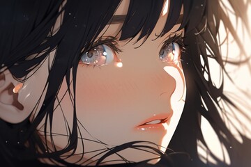 Naklejka premium A close-up of a girl's face in anime style, featuring long black hair with bangs, big eyes with elevated eyelashes, and wearing navy blue, illuminated by sunlight