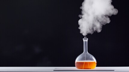 A scientific experiment demonstrating the principles of chemical reactions, a laboratory flask filled with a liquid releases steam and bubbles.