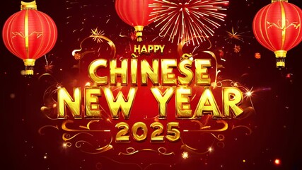 A vibrant design for Chinese New Year 2025, featuring bold golden text on a rich red background. Fireworks and red lanterns enhance the festive atmosphere, perfect for promotions and greetings. - Powered by Adobe