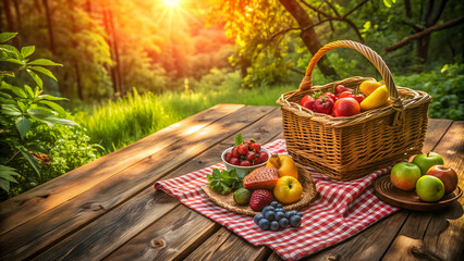 Forest picnic scene with wooden table, wicker basket filled with fresh fruit, top-down view, natural lighting