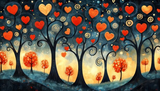 Whimsical heart trees in a dreamy night forest landscape