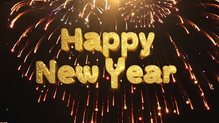 A vibrant New Year celebration scene with dazzling fireworks lighting up the night sky. "Happy New Year" text in sparkling gold adds glamour, capturing the joy and excitement of the holiday.