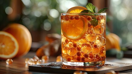 Refreshing Orange Drink with Mint and Ice