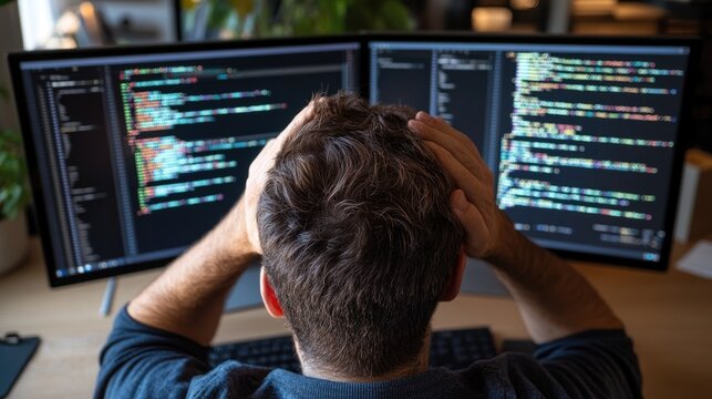 A person is stressed while coding at dual monitors displaying complex code.