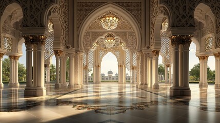 Fototapeta premium View from a Grand Arched Hallway with Ornate Columns
