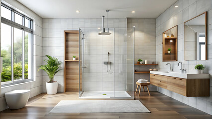 Modern bathroom mockup with white tiles, sleek fixtures, and a glass shower enclosure, bathroom, mockup, white, tiles, modern