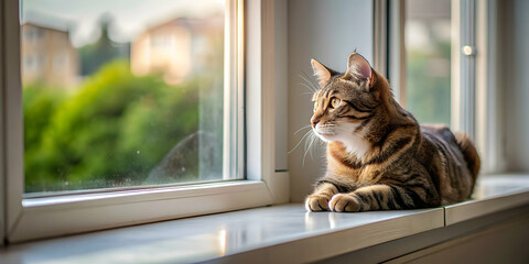 Cat laying on a windowsill looking outside , pet, feline, curious, domestic, window, sill, cute, fluffy, whiskers, cozy