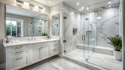 Modern bathroom interior with sleek white fixtures, marble countertops, and glass enclosed shower, modern, bathroom, interior