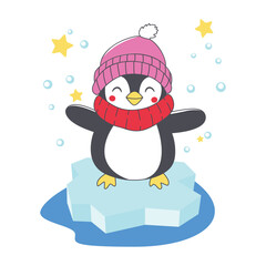 Cute Penguin Animal Character Wearing Hat Scarf Warm Clothes Standing on Polar Ice While Smiling