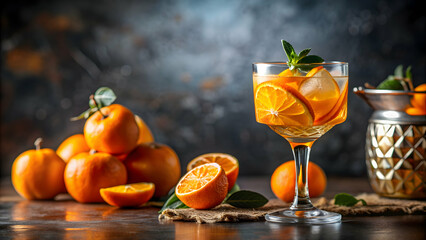 Fototapeta premium Orange vodka tequila gin tonic mandarin cocktail served in a special cocktail glass with dried oranges on background, cocktail, orange
