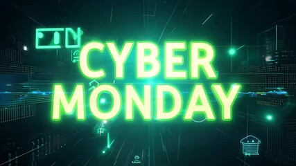 A vibrant digital illustration of "Cyber Monday" showcases neon green text against a dark, high-tech backdrop.
