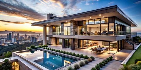 Modern luxurious mansion with sweeping views of the city skyline, featuring sleek architecture and high-end amenities, luxury