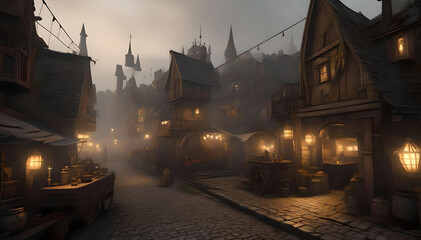 Naklejka premium Lanterns with Medieval Castle Market Street 