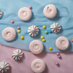 Pastel meringue cookies, soft swirled texture, delicate sugar confections, light blue and pink fabric backdrop, scattered candy sprinkles, birds-eye view, high resolution, soft lighting, dreamy aesthe