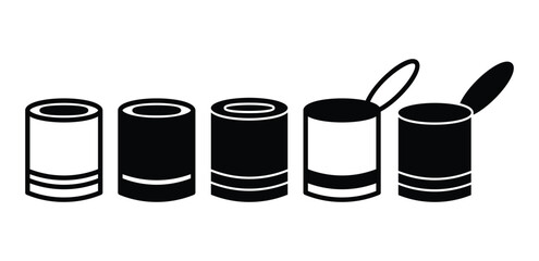 set of tin can open close symbol icon vector design simple black white color illustration