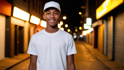 Fototapeta premium Black teenage boy wearing white t-shirt and white baseball cap standing in a city alley at night