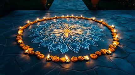 Diwali Celebration with Mandala Rangoli and Diya Lights