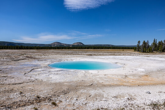 Opal Pool fountain type geyser located at Midway Geyser Basin Yellowstone national park in Wyoming.