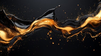 Abstract Black and Gold Liquid Splash with Droplets