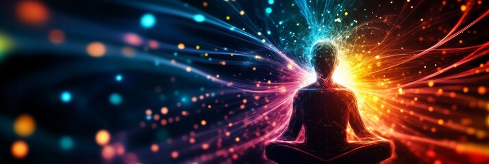 A person in meditation with vibrant light and energy flowing around them, symbolizing the connection between mental and physical wellbeing, mindfulness, inner peace, spiritual awakening, and holistic 