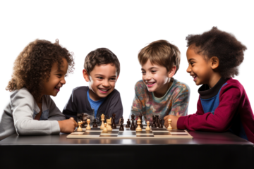 A group of three kids gathered around a chessboard on a table, eagerly discussing their moves and laughing, isolated on white background