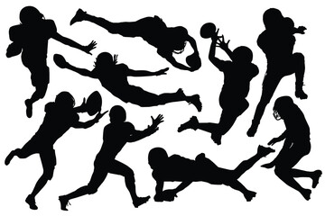 American football player collection isolated background. American football player silhouette collection. set of silhouettes of High detail rugby athlete with different pose, gesture icon logo.