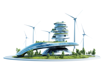 A futuristic concept showing a hybrid energy station with both photovoltaic panels and wind turbines, isolated on white background