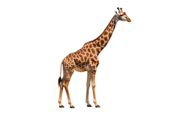 A full-body shot of a giraffe standing tall, highlighting its long legs and neck isolated on white background