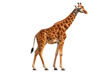 Fototapeta premium A full-body shot of a giraffe standing tall, highlighting its long legs and neck isolated on white background