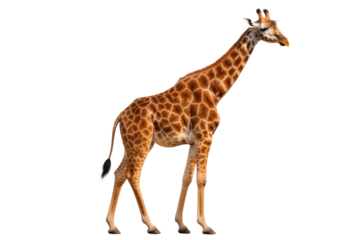 A full-body shot of a giraffe standing tall, highlighting its long legs and neck isolated on white background