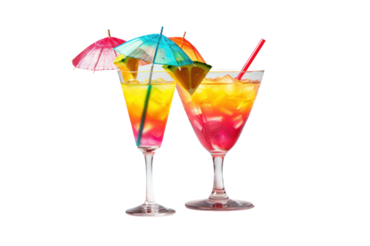A fruity cocktail with a cocktail umbrella placed next to reflective mirrored sunglasses on a wooden table isolated on white background