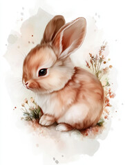 Adorable baby rabbit with soft fur, surrounded by delicate flowers, showcasing gentle and playful expression. This watercolor sketch illustration captures charm of nature