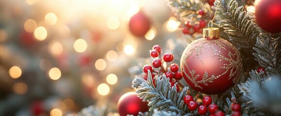 Festive Christmas Ornament on a Decorated Tree with Bokeh Lights