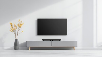 Fototapeta premium Modern minimalist living room interior featuring a flat screen TV, soundbar, sleek furniture, and a vase with yellow branches. It evokes a sense of simplicity, tranquility, and contemporary style.