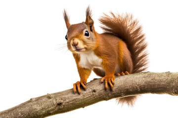 Obraz premium A curious red squirrel perched on a tree branch, its bushy tail elegantly fanned out, with bright eyes and alert posture, isolated on white background