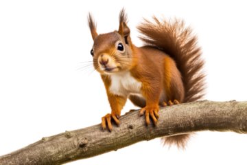 A curious red squirrel perched on a tree branch, its bushy tail elegantly fanned out, with bright eyes and alert posture, isolated on white background