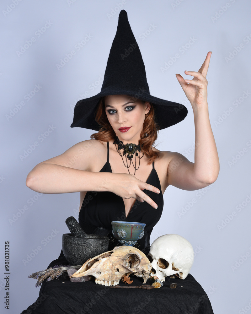 Wall mural Close up portrait of beautiful  female model wearing black dress, pointy witch hat halloween costume.  Isolated figure on studio background. Casting magic spell at spooky occult  ritual potion table 