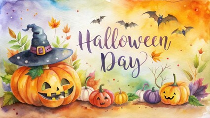 Colorful Halloween Celebration with Pumpkins and Bats